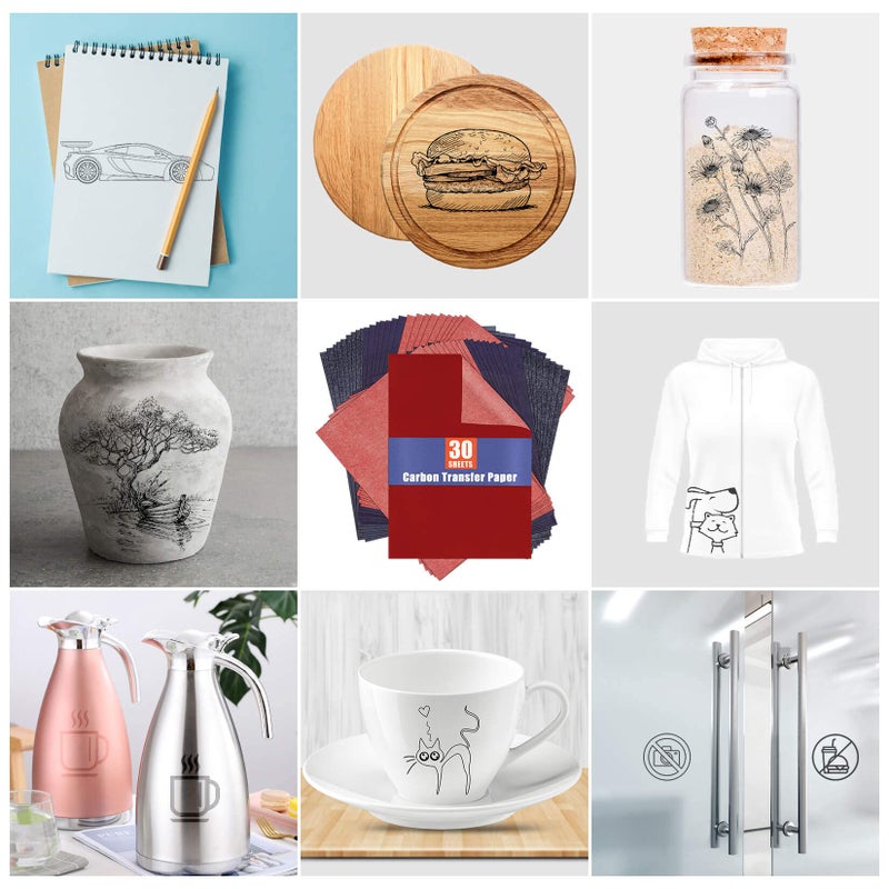 psler ورق كربون لتتبع ورق نقل الجرافيت - PSLER 10 أوراق حمراء، 10 أوراق زرقاء، 10 قطع سوداء لتتبع أنماط الرسم على المشاريع الخشبية، فنان قماش A4 مقاس 8.5 × 11 بوصة - Image 4